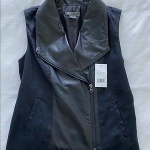 New Vince Leather-Panel Denim Moto Vest Navy XS